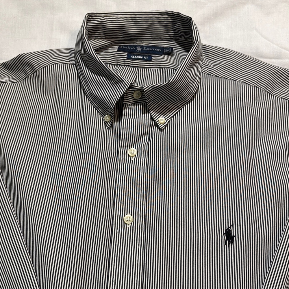 Polo Ralph Lauren Pinstripe Button Down Shirt Black White Pinstripe Size 18 Neck - Picture 2 of 6